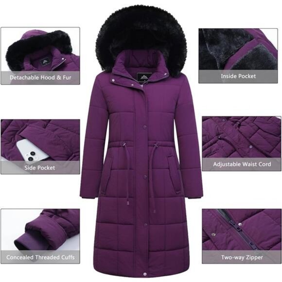 Women's Winter Coat Long Waterproof Parka - Warm Purple - Picture 4 of 5